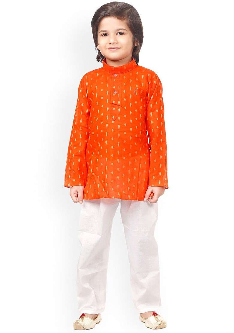 Boys Ethnic Motifs Printed Mandarin Collar Pure Cotton Regular Kurta With Pyjamas - Indya