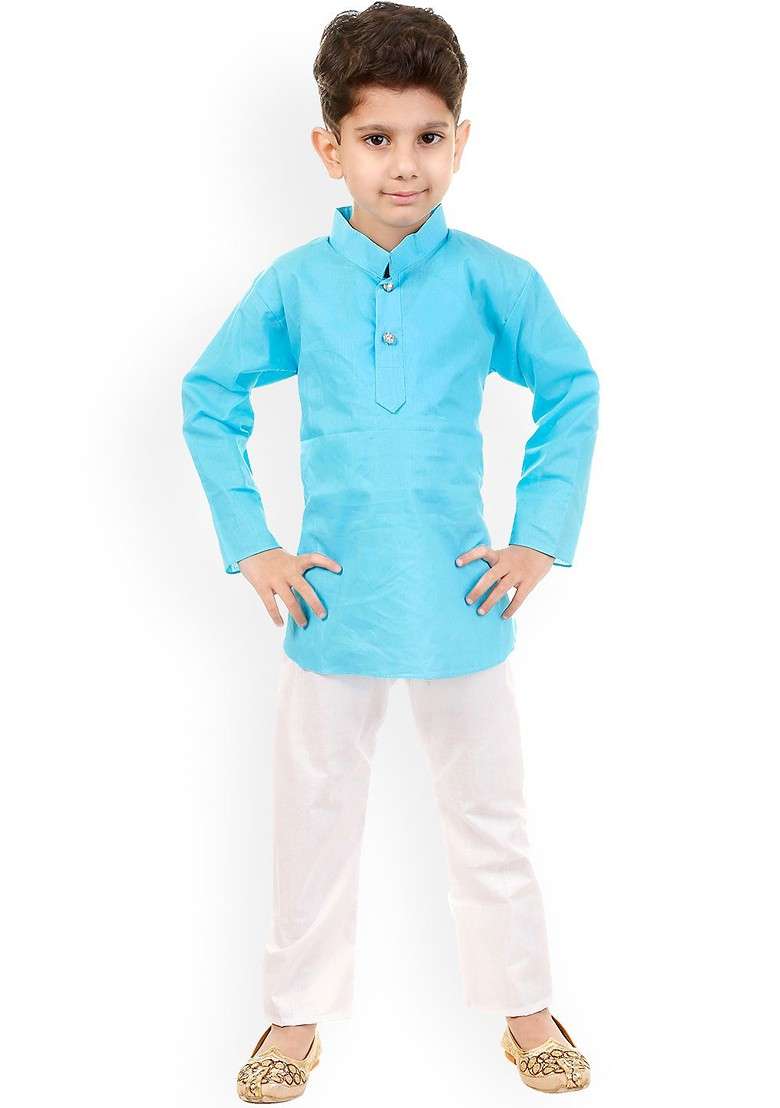 Boys Mandarin Collar Pure Cotton Regular Kurta With Pyjamas - Indya