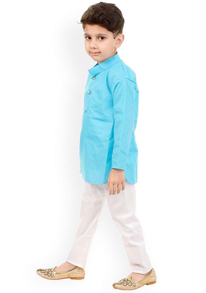 Boys Mandarin Collar Pure Cotton Regular Kurta With Pyjamas - Indya