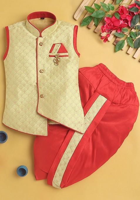 Boys Ethnic Motifs Embroidered Regular Kurta With Dhoti Pants — view on Indya