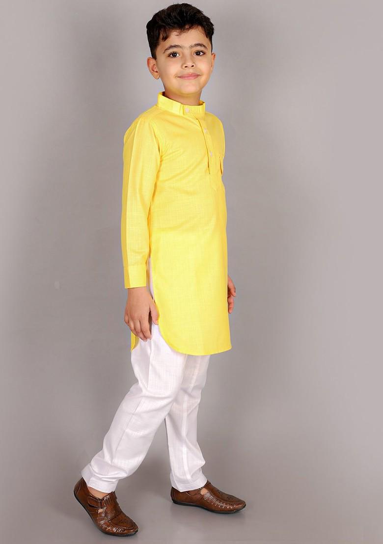 Boys Mandarin Collar Pure Cotton Kurta With Pyjamas - Indya