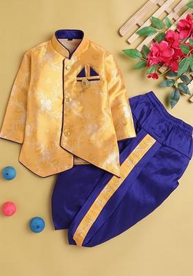 Boys Floral Woven Design Mandarin Collar Kurta With Dhoti Pants