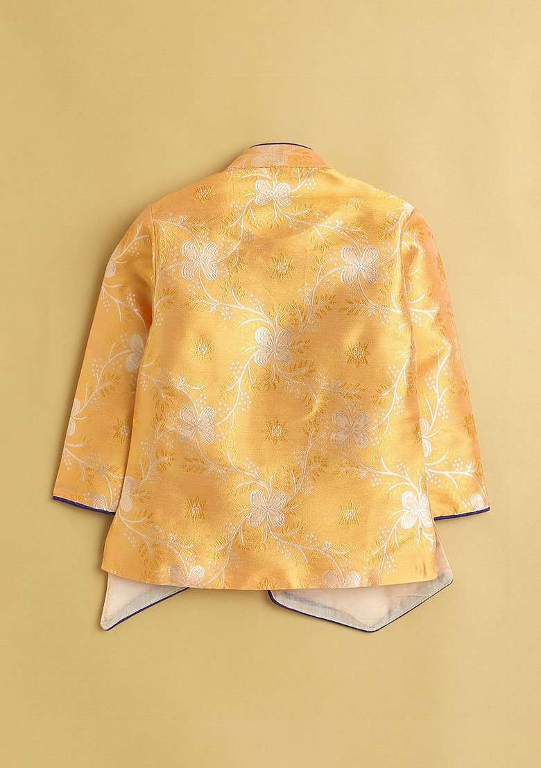 Boys Floral Woven Design Mandarin Collar Kurta With Dhoti Pants - Indya