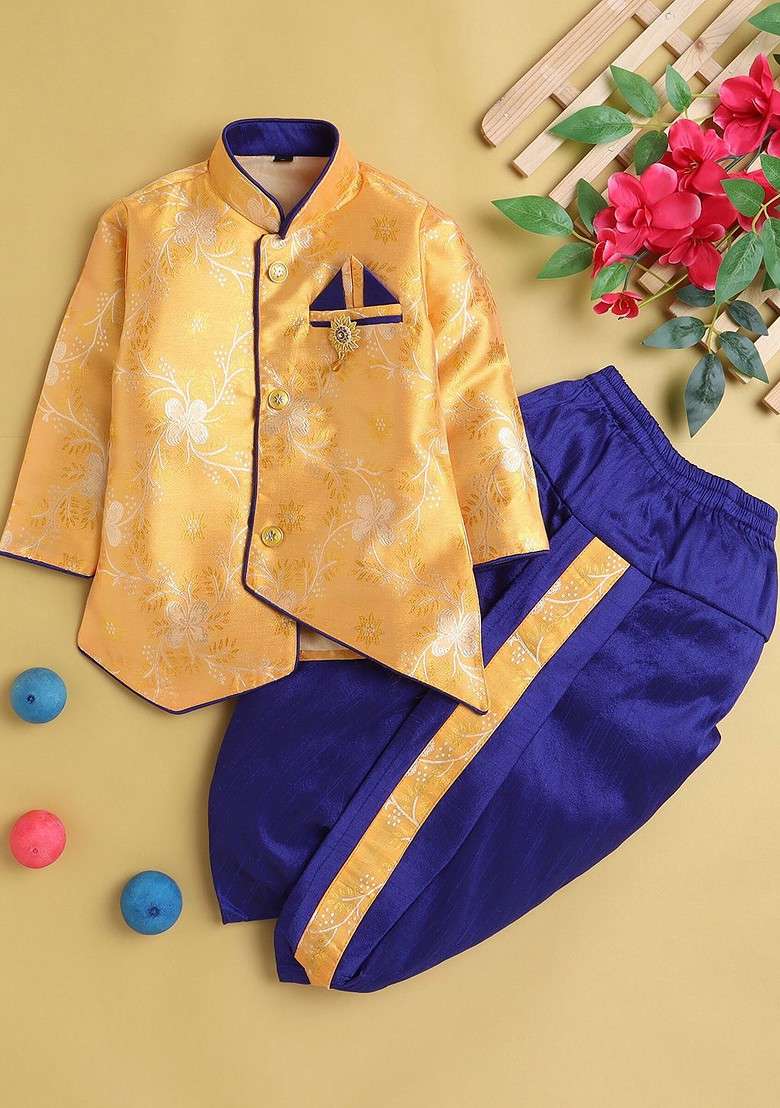 Boys Floral Woven Design Mandarin Collar Kurta With Dhoti Pants - Indya