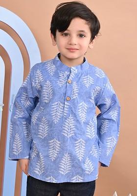 Boys Floral Printed Mandarin Collar Cotton A Line Kurta