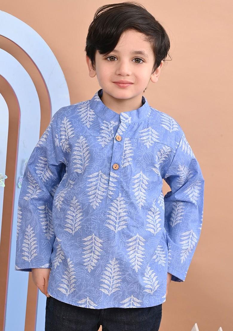 Boys Floral Printed Mandarin Collar Cotton A Line Kurta