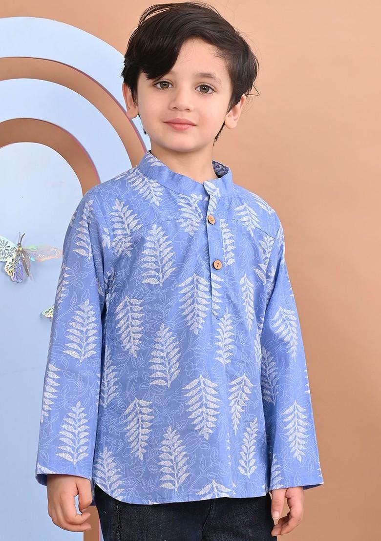 Boys Floral Printed Mandarin Collar Cotton A Line Kurta