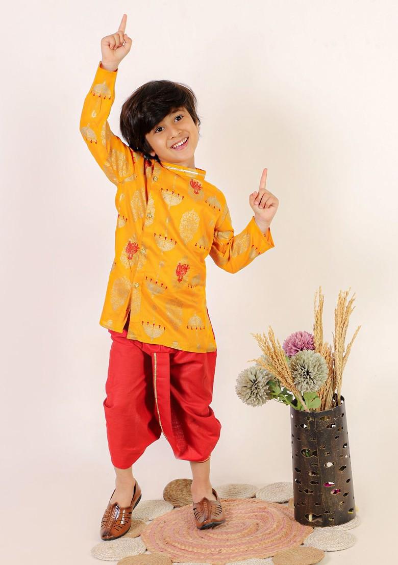 Boys Ethnic Motifs Printed Angrakha Pure Cotton Straight Kurta With Dhoti Pants