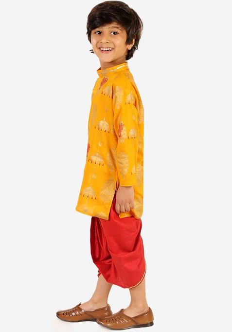 Boys Ethnic Motifs Printed Angrakha Pure Cotton Straight Kurta With Dhoti Pants