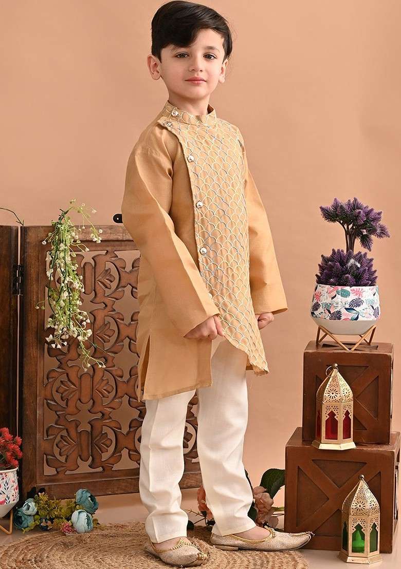 Boys Embroidered Regular Thread Work Pure Cotton Kurta With Pyjamas - Indya