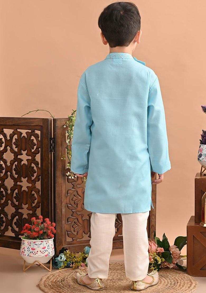 Boys Embroidered Angrakha Thread Work Pure Cotton Kurta With Pyjamas - Indya