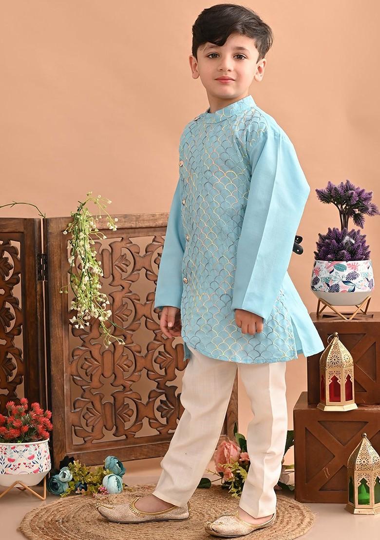 Boys Embroidered Angrakha Thread Work Pure Cotton Kurta With Pyjamas - Indya