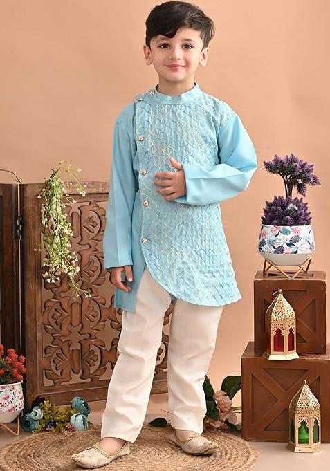 Boys Embroidered Angrakha Thread Work Pure Cotton Kurta With Pyjamas