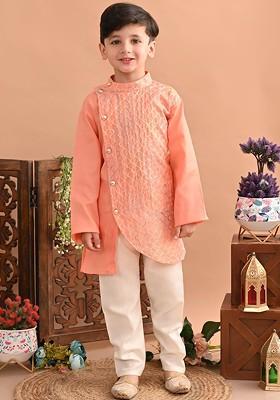 Boys Embroidered Angrakha Thread Work Pure Cotton Kurta With Pyjamas
