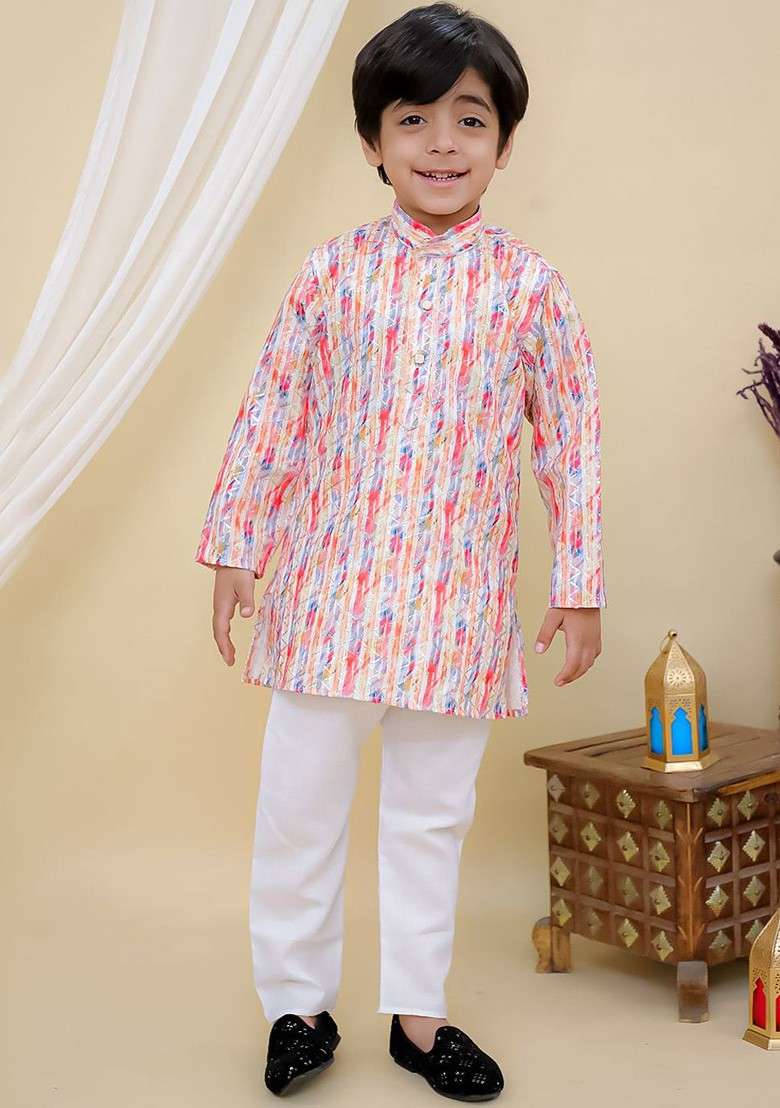 Boys Embroidered Regular Gotta Patti Pure Cotton Kurta With Pyjamas - Indya