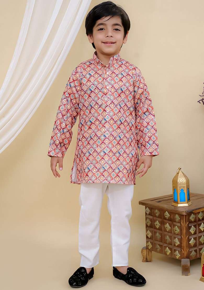 Boys Embroidered Regular Pure Cotton Kurta With Pyjamas - Indya