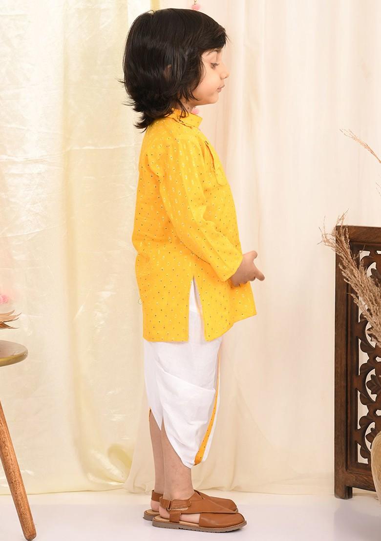 Boys Thread Work Pure Cotton Kurta With Dhoti Pants