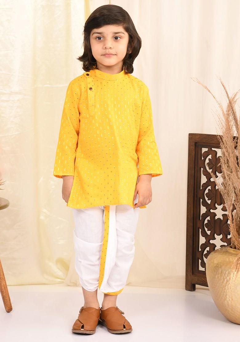 Boys Thread Work Pure Cotton Kurta With Dhoti Pants