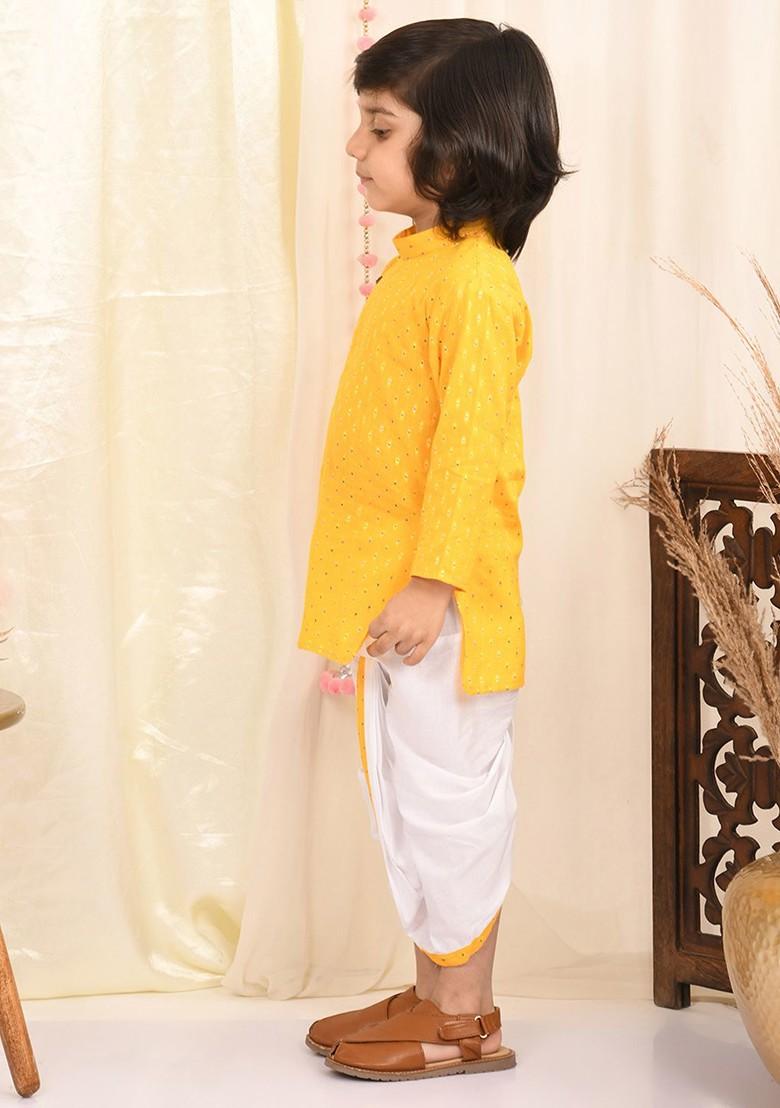 Boys Thread Work Pure Cotton Kurta With Dhoti Pants