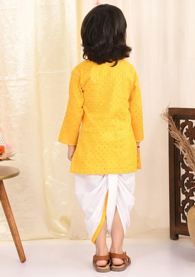 Boys Thread Work Pure Cotton Kurta With Dhoti Pants