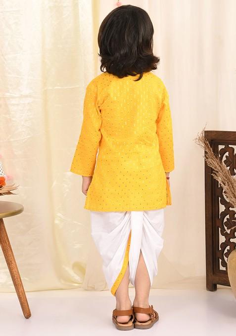 Boys Thread Work Pure Cotton Kurta With Dhoti Pants