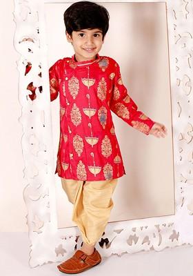 Boys Ethnic Motifs Printed Angrakha Pure Cotton Straight Kurta With Dhoti Pants