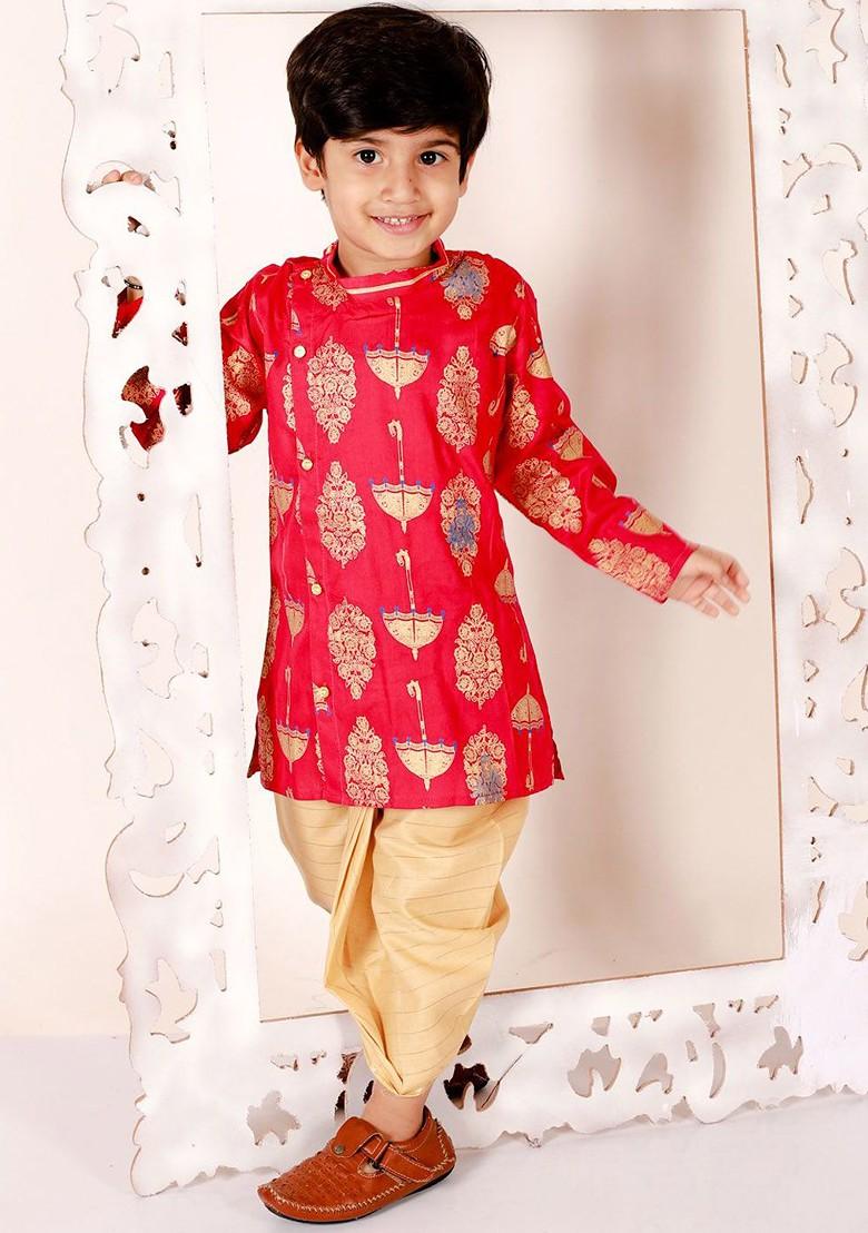 Boys Ethnic Motifs Printed Angrakha Pure Cotton Straight Kurta With Dhoti Pants