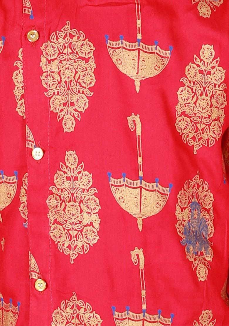 Boys Ethnic Motifs Printed Angrakha Pure Cotton Straight Kurta With Dhoti Pants