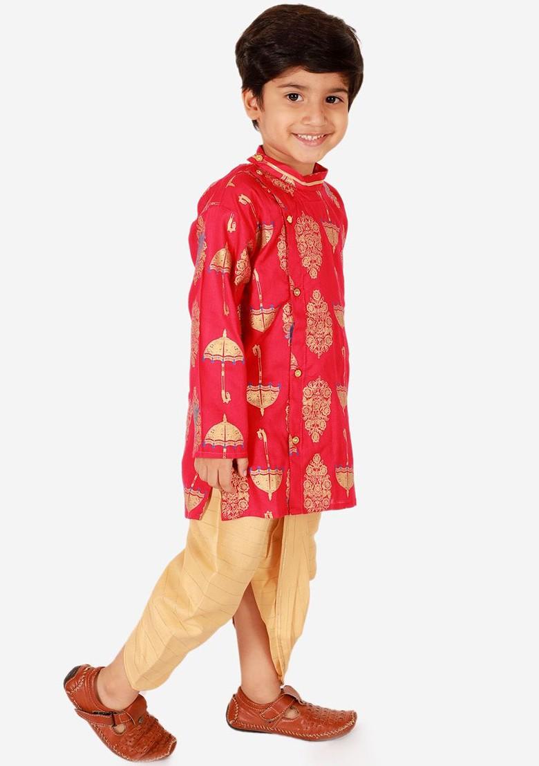 Boys Ethnic Motifs Printed Angrakha Pure Cotton Straight Kurta With Dhoti Pants