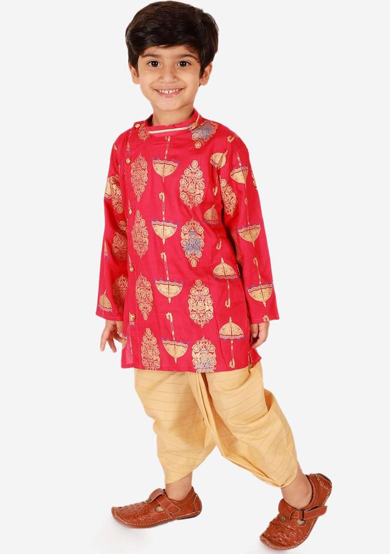 Boys Ethnic Motifs Printed Angrakha Pure Cotton Straight Kurta With Dhoti Pants