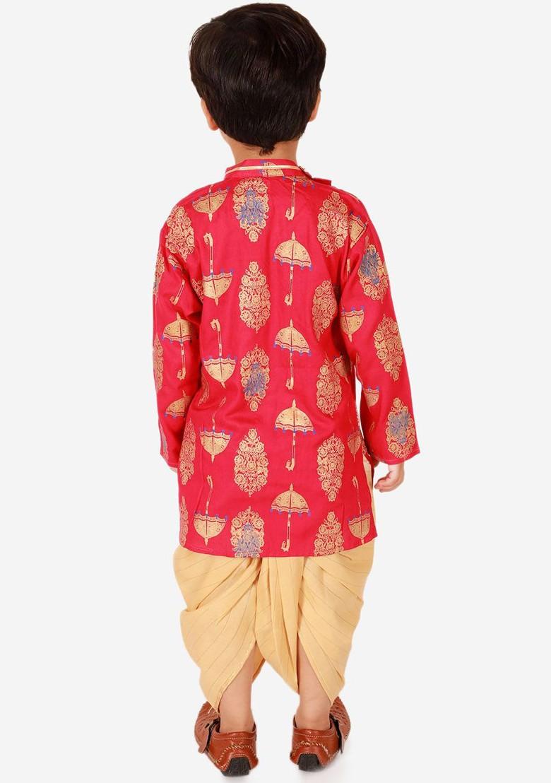 Boys Ethnic Motifs Printed Angrakha Pure Cotton Straight Kurta With Dhoti Pants