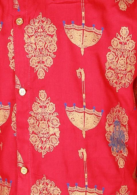 Boys Ethnic Motifs Printed Angrakha Pure Cotton Straight Kurta With Dhoti Pants