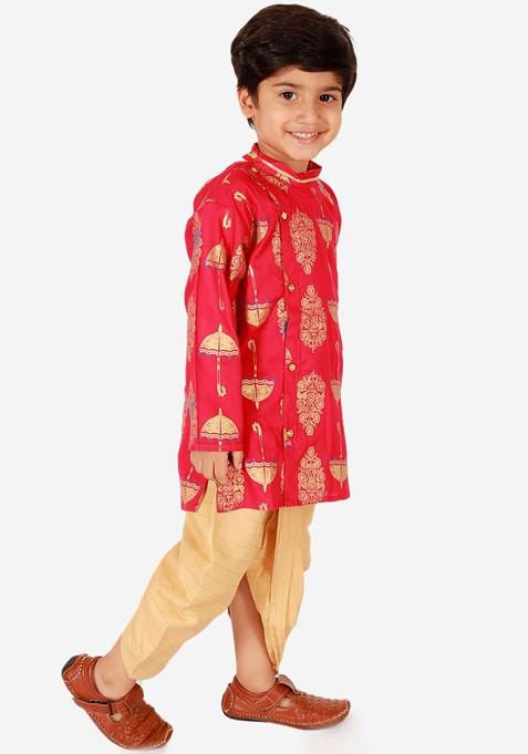 Boys Ethnic Motifs Printed Angrakha Pure Cotton Straight Kurta With Dhoti Pants