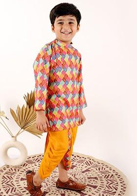 Boys Ethnic Motifs Printed Mandarin Collar Kurta With Dhoti Pants