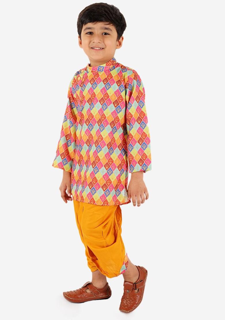 Boys Ethnic Motifs Printed Mandarin Collar Kurta With Dhoti Pants