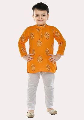 Boys Pure Cotton Gold Foil Printed Yellow And White Kurta Pyjama Set