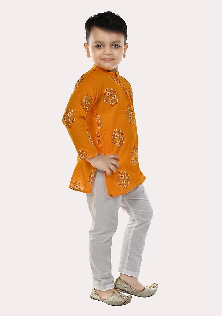 Boys Pure Cotton Gold Foil Printed Yellow And White Kurta Pyjama Set