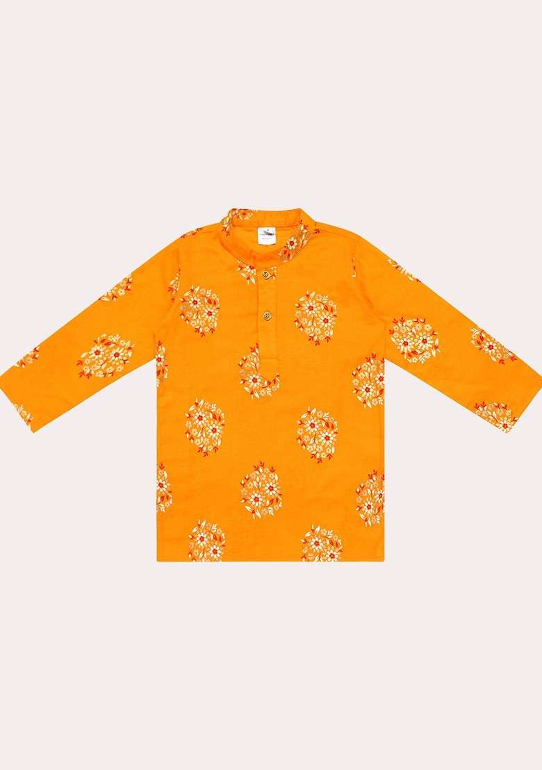 Boys Pure Cotton Gold Foil Printed Yellow And White Kurta Pyjama Set - Indya