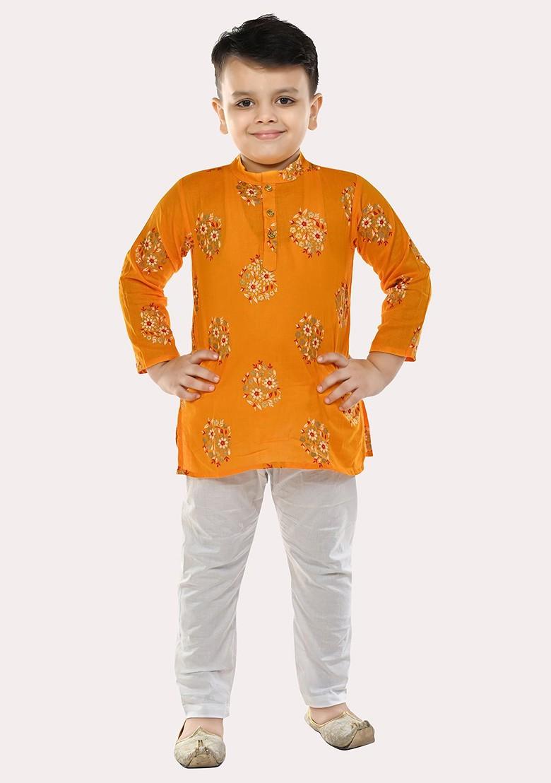 Boys Pure Cotton Gold Foil Printed Yellow And White Kurta Pyjama Set