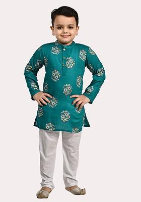 Boys Pure Cotton Gold Foil Printed Teal And White Kurta Pyjama Set