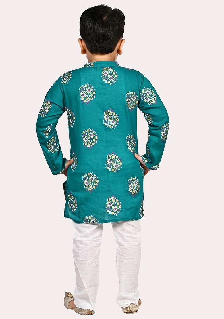 Boys Pure Cotton Gold Foil Printed Teal And White Kurta Pyjama Set - Indya