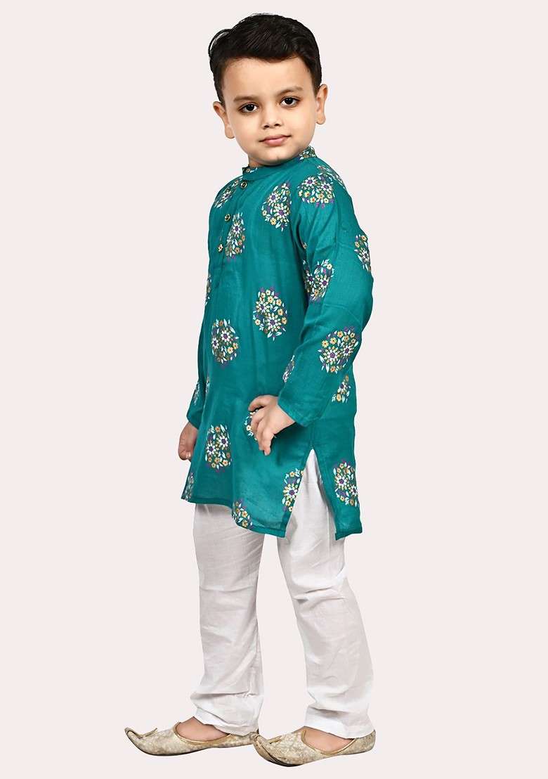 Boys Pure Cotton Gold Foil Printed Teal And White Kurta Pyjama Set - Indya