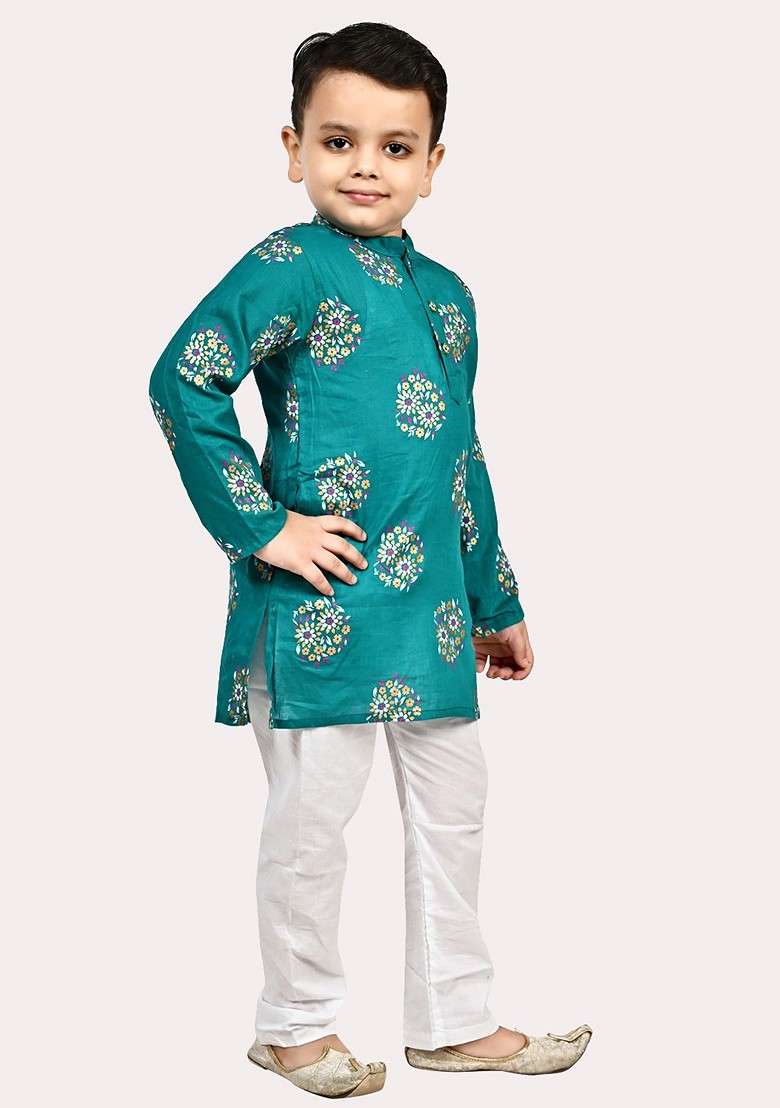 Boys Pure Cotton Gold Foil Printed Teal And White Kurta Pyjama Set - Indya