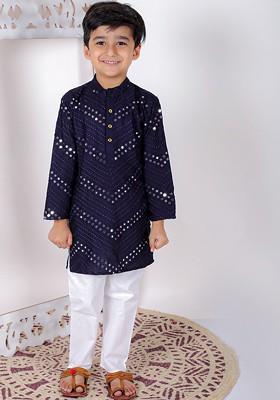 Boys Chevron Embroidered Regular Mirror Work Kurta With Trousers