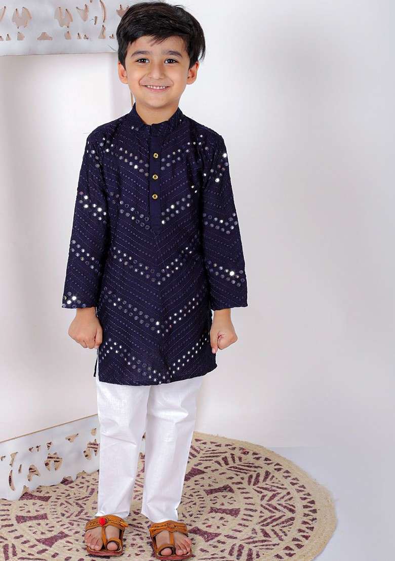 Boys Chevron Embroidered Regular Mirror Work Kurta With Trousers - Indya