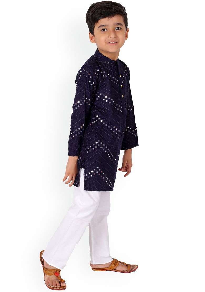 Boys Chevron Embroidered Regular Mirror Work Kurta With Trousers - Indya