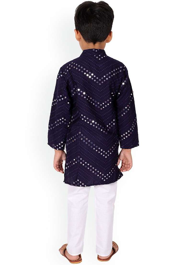 Boys Chevron Embroidered Regular Mirror Work Kurta With Trousers - Indya