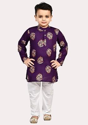 Boys Pure Cotton Gold Foil Printed Purple And White Kurta Pyjama Set