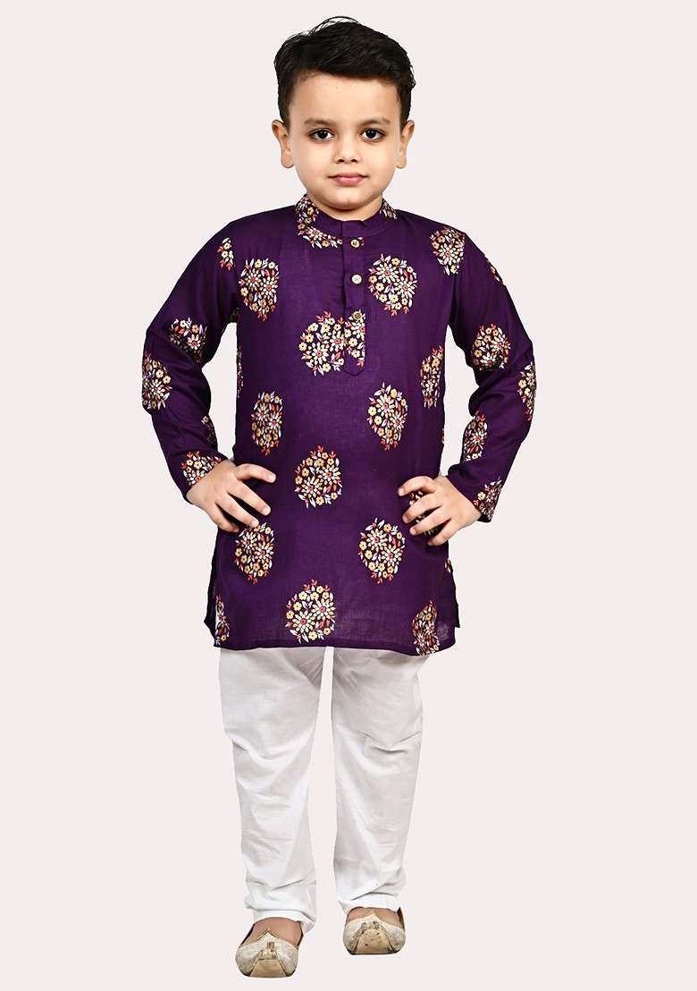 Boys Pure Cotton Gold Foil Printed Purple And White Kurta Pyjama Set - Indya