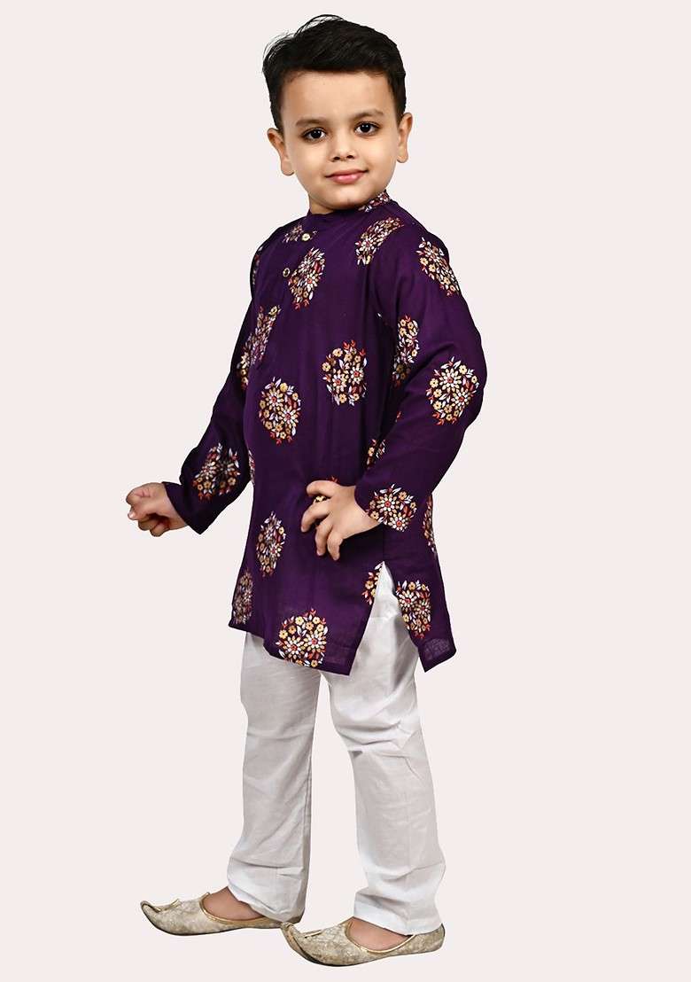Boys Pure Cotton Gold Foil Printed Purple And White Kurta Pyjama Set - Indya